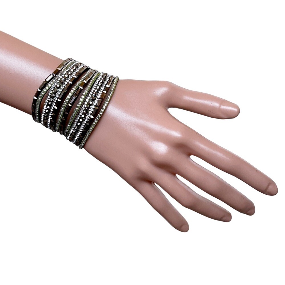 Whimsical Boho Bold Chartreuse Green Velvet Layered Stack Rhinestone Bracelet - Picture 3 of 5